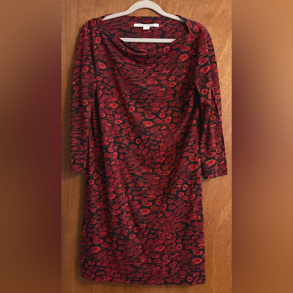 Diane Von Furstenberg Silk Red and Black Cowl Neck Dress